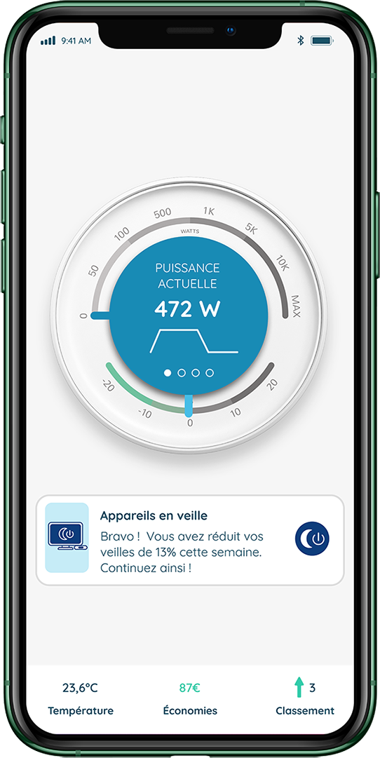 (app ecojoko montrant la puissance consommée en instantané, notifiant de l'économie réalisée)